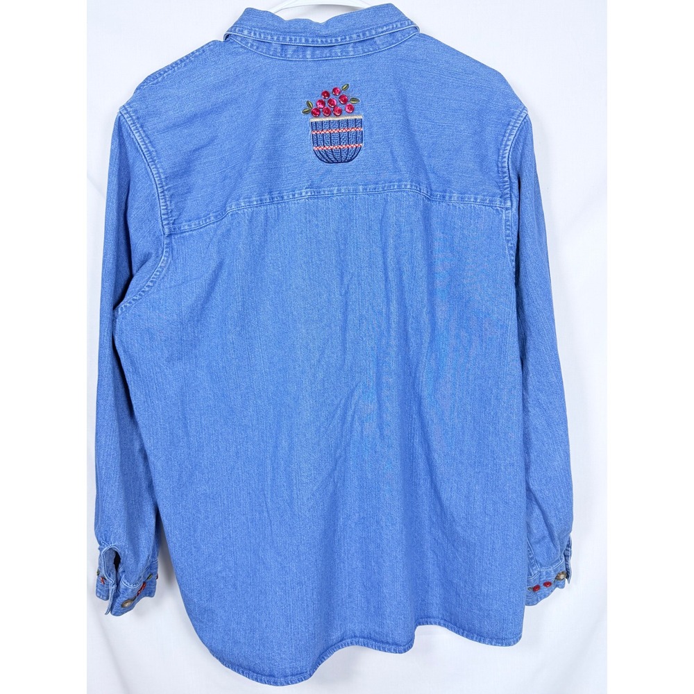 Denim Button Down Fall Autumn vtg Plus Size 1X Blue Cotton Embroidered Apples - Picture 7 of 10